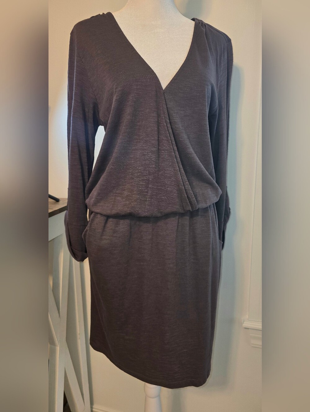 Lilla P Women's Dark Purple Gray Long Sleeve V-Neck Wrap Dress Size Medium